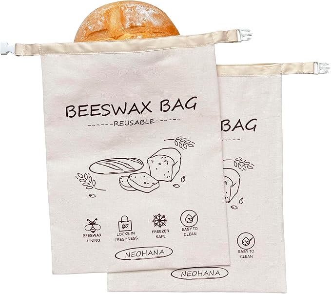 Reusable Beeswax Bread Bag - Bread Bags for Homemade Bread,Cotton Sourdough Bread Bags, Sourdough Storage Bag (2 Pack)