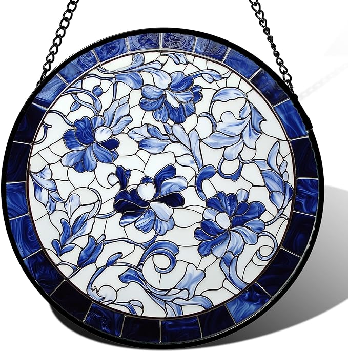 Stained Glass Window Hanging, Blue and White Abstract Flowers Sun Catcher for Door Home Decor Suncatcher Christmas Mother's Day Birthday Gifts for Women Men Mom and Nana 9.8 in
