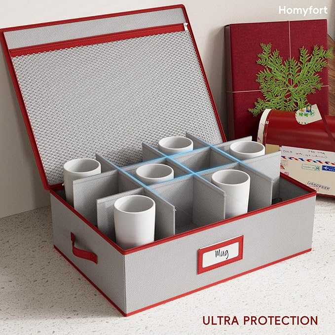 homyfort Coffee Mug Storage Box, China Cup Storage Organizer Containers Hard Shell Stackable with Dividers Holds 12 Coffee Mugs and Tea Cups