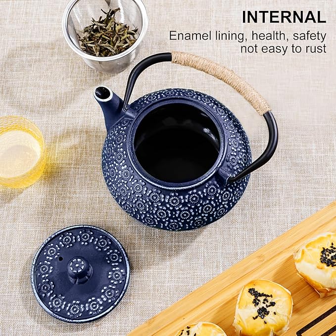 PARACITY Cast Iron Teapot Japanese 30.5 OZ, Tea Kettle Pot for Stove Top, Tea Pot with Stainless Steel Infusers for Loose Tea, Boiling Hot Water Tea, Mothers Day Gifts from Daughter/Son (Blue)