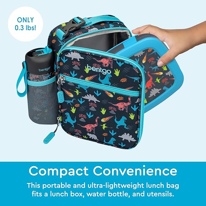 Bentgo Kids Insulated Lunch Tote - Water-Resistant, Reusable, Lightweight & Durable Lunch Bag with Water Bottle Holder & Exterior Pocket, Fits Lunch Box & Water Bottle - Ideal for Ages 3+ (Dinosaur)