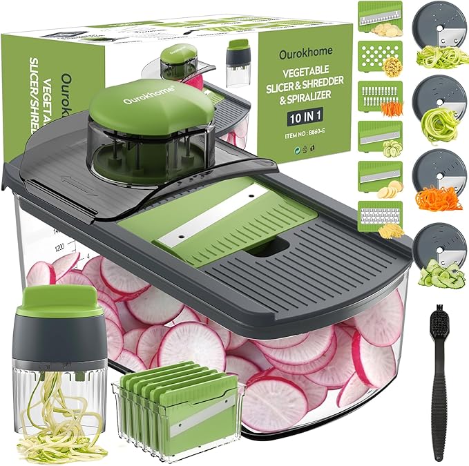 Ourokhome Mandolin Slicer with Handheld Spiralizer, Hand Safe Vegetable Shredder with 6 Mandoline Blades, Veggie Waffle Cutter for Potato, Carrot, Zucchini, Essential Kitchen Gadgets (10 in 1, Gray)