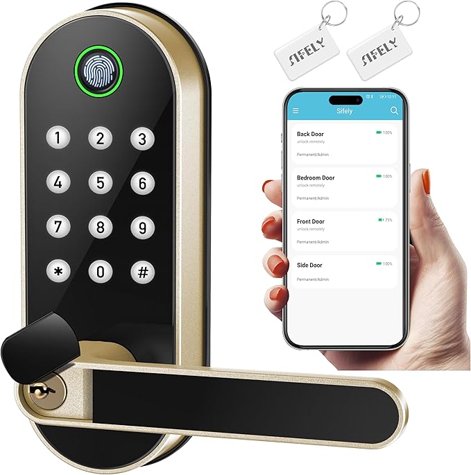 Fingerprint Smart Door Lock with Handle & Keypad – Bluetooth Keyless Entry for Front Door, Home, Kids, Guests, Airbnb & Rental, App + Code Access, Compatible with Alexa & Google, Easy DIY Install