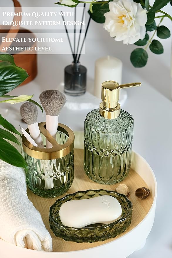 4pcs Glass Bathroom Accessories Set, Clear Green Bathroom Sets, Soap Dispenser, Toothbrush Holder, Soap Dish, Qtips Holder Set for Crystal Vintage Bathroom Decor, Gift Set (Green)