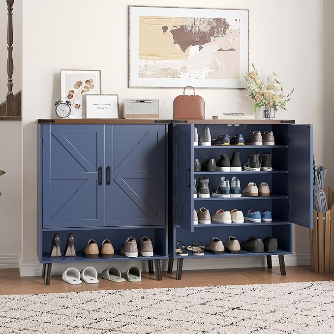 Vabches Farmhouse Shoe Storage Cabinet with Doors, 5 Tier Small Shoe Cabinet with Adjustable Shelves and Metal Legs, 34" Tall Shoe Rack Organizer for Entryway, Foyer, Navy Blue