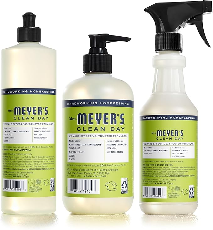 MRS. MEYER'S CLEAN DAY Kitchen Essentials Set, Includes: Hand Soap, Dish Soap, and All Purpose Cleaner, Lemon Verbena, 3 Count Pack