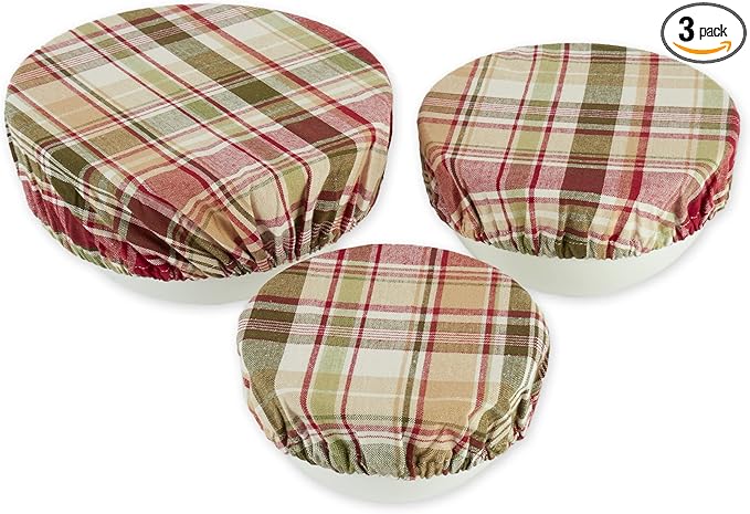DII Reusable Cloth Bowl Cover Collection Machine Washable, Cotton with Elastic Stretch for Food Storage, 10.25"/8.25"/7.5" Diameter, Give Thanks Plaid, 3 Piece