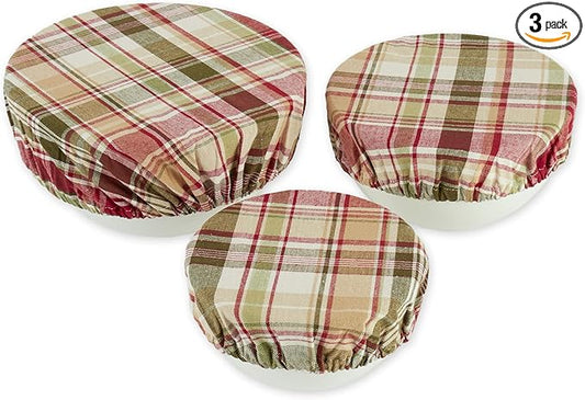 DII Reusable Cloth Bowl Cover Collection Machine Washable, Cotton with Elastic Stretch for Food Storage, 10.25"/8.25"/7.5" Diameter, Give Thanks Plaid, 3 Piece