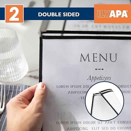 Ilyapa 30 Pack of Menu Covers 11 X 17 - Single Page, 2 View, Restaurant Menu Covers, Double Stitched Sleeves 11x17 Clear Plastic Sleeves