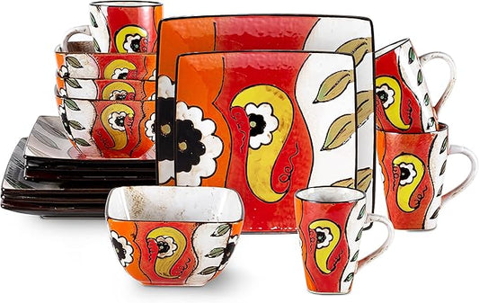 Stoneware Artisan Hand Painted Impressionism Garden, 16pc Reactive Glaze Dinnerware Set