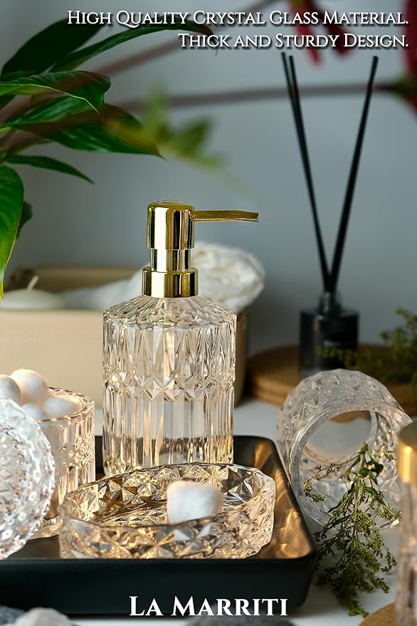 Glass Bathroom Accessories Set, 5pcs Crystal Clear Bathroom Accessories, Toothbrush Holder Set, Soap Dispenser, Soap Dish, Tumbler, Qtips Holder for Vintage Bathroom Decor, Christmas Decor