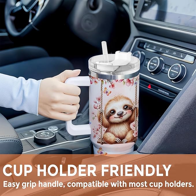 Personalized Sloth 40oz Tumbler with Handle and Straw Gifts for Women Sloths Lovers, Cute Sloth Cup, Animal Lovers Gift Idea on Birthday Christmas, Custom Name Stainless Steel Travel Cup