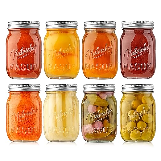 NutriChef 8-Pack 16 oz Mason Jars with Lids - Thick Glass Canning Jars with Stainless Steel Lids - Ideal for DIY Spices, Meal Prep, Overnight Oats, Jelly, Jam, Honey, Candles, Crafts, & More