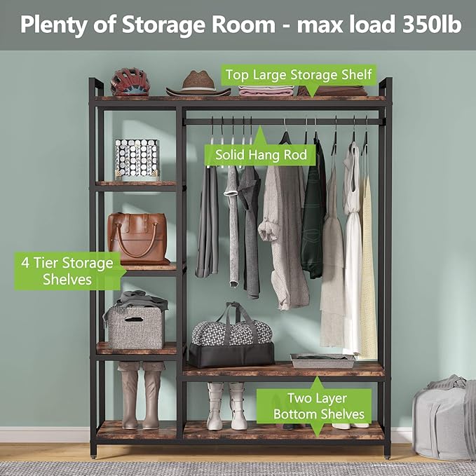 Tribesigns Free-standing Closet Organizer with 6 Storage Shelves and Hanging Bar, Large Standing Clothes Garment Rack（Vintage）