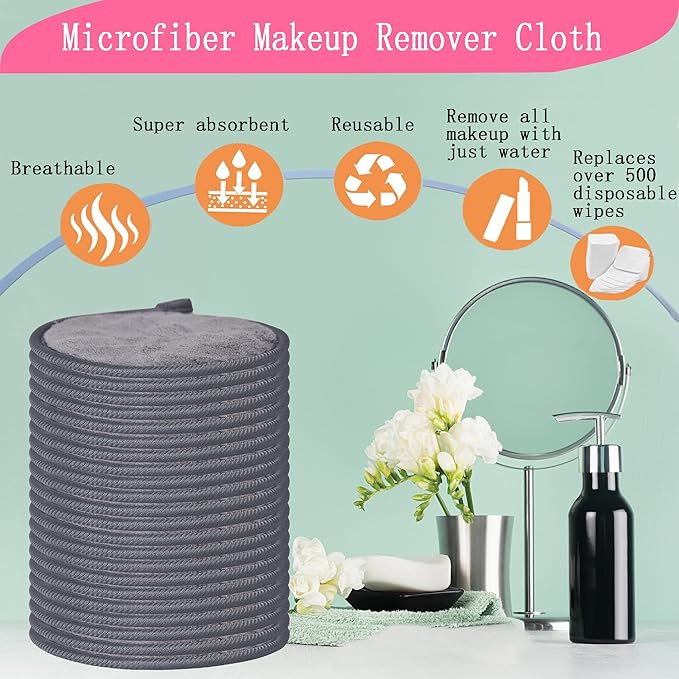 Large Reusable Makeup Remover Pads for Face, Soft Microfiber Makeup Remover Cloths Washable, Premiun 5 INCH Face Cleaning Pad with Laundry Bag, 12 Pack Grey