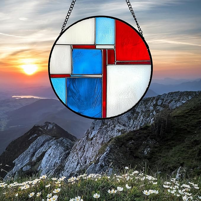 Stained Glass Window Hanging 4 Pcs Set Abstract Flowers in Red White Blue 7.8" - Suncatcher Door Garden Sun Catcher Decor Birthday Mother's Day Xmas Gift for Mom Woman Nana Men Parents
