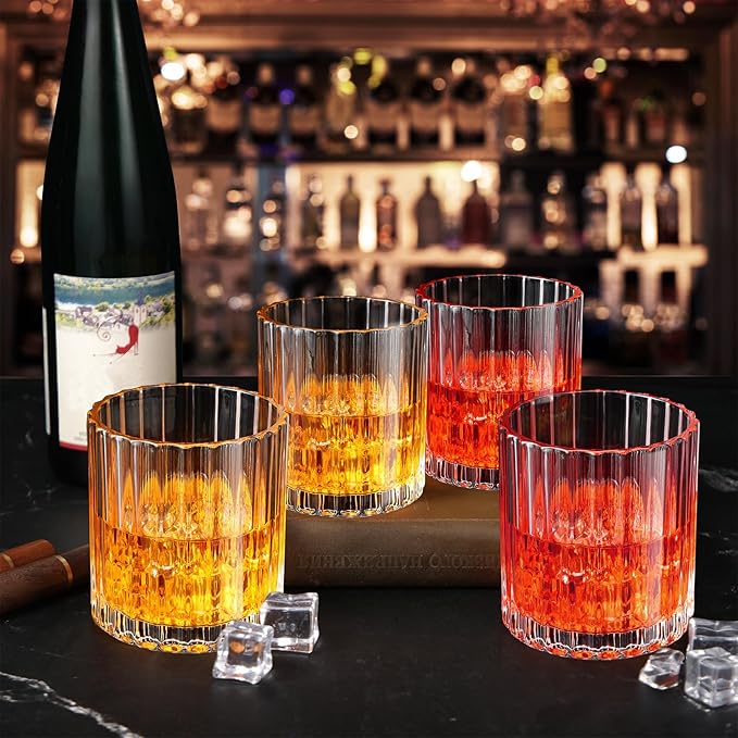 Mimorou 12 Pack Whiskey Glasses 10 oz Old Fashioned Glasses in Bar and Party Bourbon Glass, Rocks Glass, Cocktail Liquor Whiskey Lover Gift Christmas Gifts for Men, Dad, Father(Vintage Ribbed)
