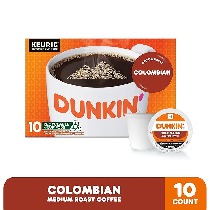 Dunkin' 100% Colombian Medium Roast Coffee, 10 Keurig K-Cup Pods