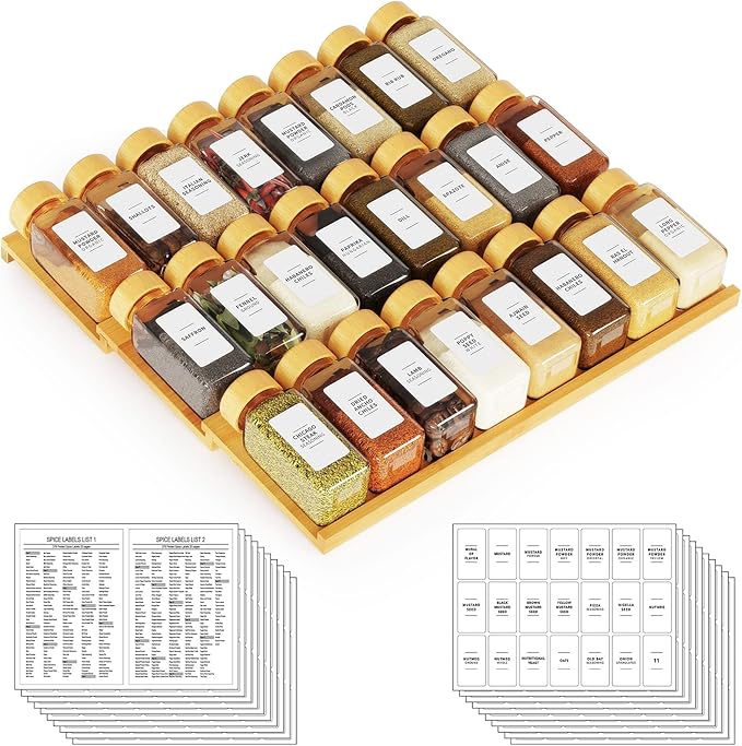 SpaceAid Bamboo Spice Drawer Organizer with 24 Spice Jars, 378 White Minimalist Spice Labels, 3 Tier Seasoning Rack Tray Insert for Kitchen Drawers, 15" Wide x 15" Deep x 2.6" Tall