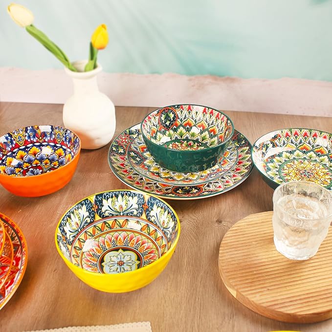 Mandala Dinnerware Sets (16 PCS) Serves for 4, Porcelain Dishes Set, Microwave and Dishwasher Safe, Scratch Resistant, Bohemian Style Dining Ware Service for 4, Colorful No.2