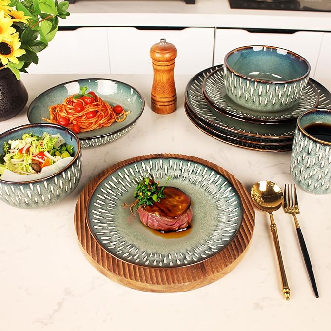 Dinnerware Sets 16 Pieces - Round Reactive Glaze Tableware - Kitchen Dinnerware Porcelain Crockery with Dinner Plate, Bowl and Soup Plate Service for 4, Microwave Dishwasher Safe, Set No.1