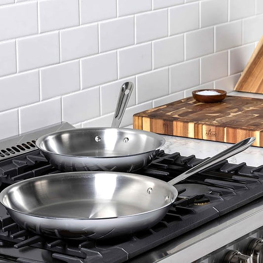 All-Clad D3 3-Ply Stainless Steel Fry Pan Set 2 Piece, 8, 10, Inch Induction Oven Broiler Safe 600F Pots and Pans, Cookware Silver