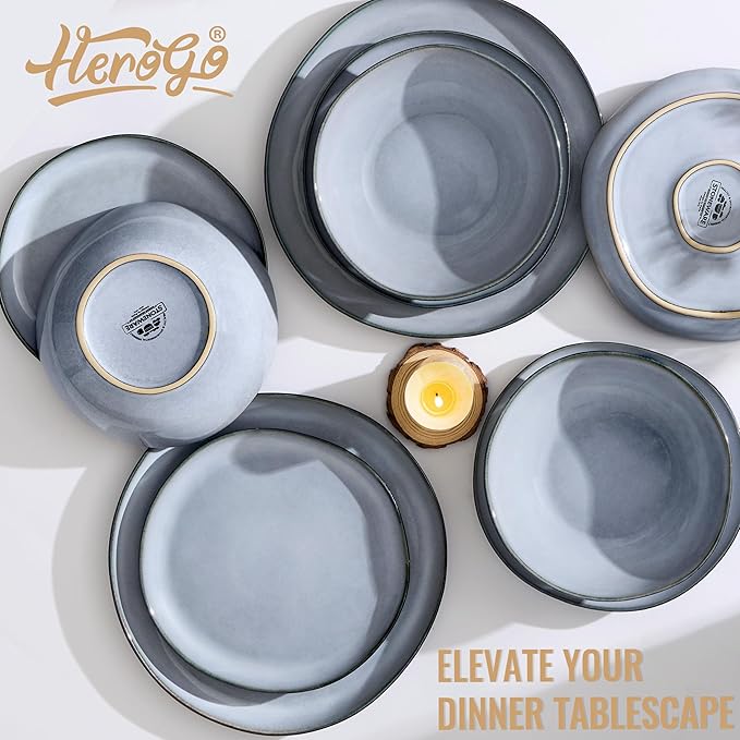 Herogo Stoneware Dinnerware Sets for 6, 18 Piece Ceramic Dinner Dishes Set, Irregular Handmade Plates and Bowls Dishware, Crack and Scratch Resistant, Reactive Glaze, Smoky Blue