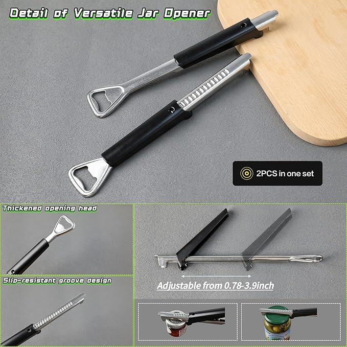 Jar Opener - 2 in 1 Adjustable Stainless Steel Jar Opener for Seniors with Arthritis - Lid & Bottle Opener set with Gripper Pad