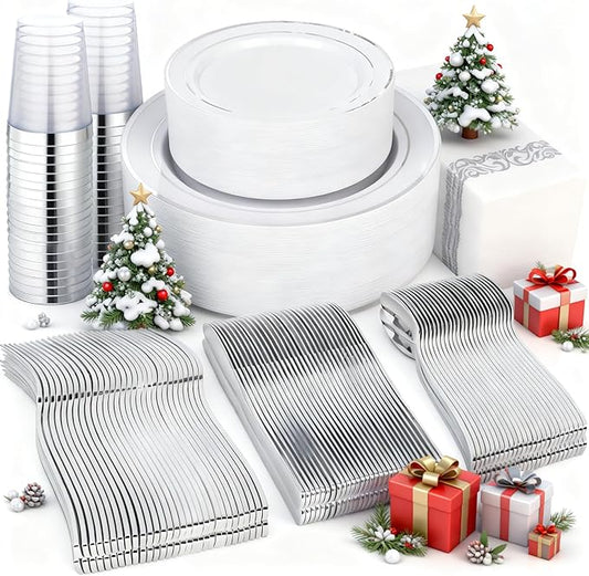 Supernal 400pcs Silver Plastic Dinnerware Set Heavy Duty Disposable Plates Include Silver Plastic Dessert Plates,50 Spoons & Knives & Cups & Napkins & 100 Forks,Prfect For Party and Wedding