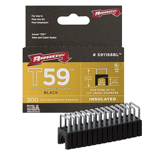 Arrow 591168 Genuine T59 Steel 1/4-Inch by 1/4 Crown Width Insulated Staples for Cable and Wiring, Black, 300 Count