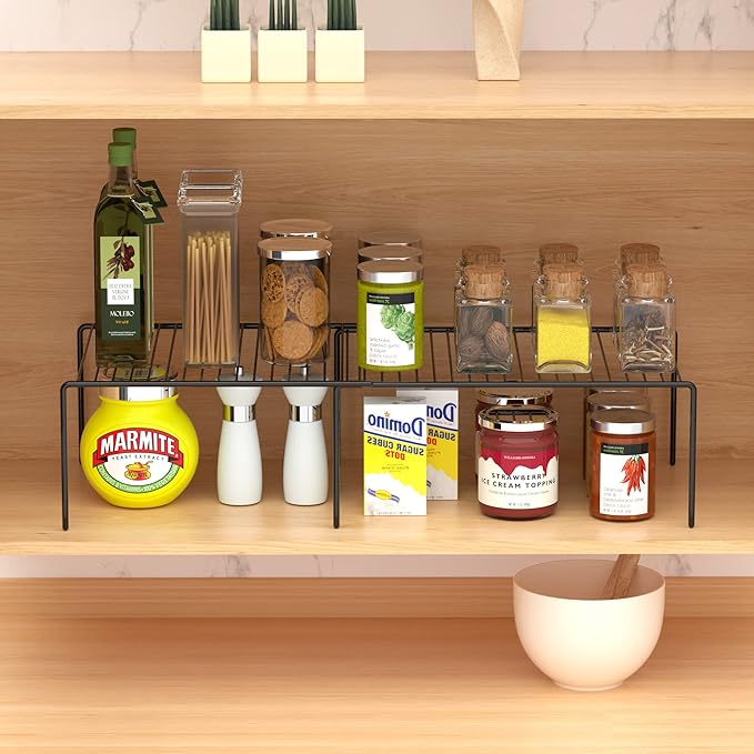 Redrubbit Expandable Metal Rustproof Kitchen Counter Shelf Rack, Space Saver for Kitchen, Fridge, Bathroom, Black, Set of 6