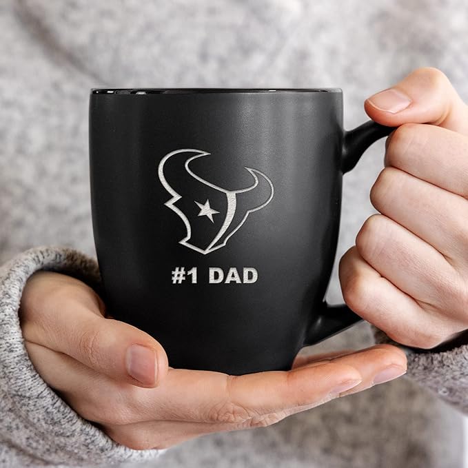 Rico Industries NFL Football #1 Dad 15oz Laser Engraved Matte Black Ceramic Bistro Mug - for Hot or Cold Drinks