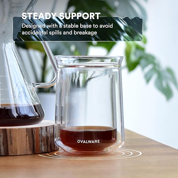 ovalware Double Wall Single Lip Insulated Glass Cup, Set of 4 (12oz / 350ml) - Borosilicate Glass For Coffee, Tea, Whiskey, Cocktails & All Beverages - Minimalistic & Durable Double-Wall Drinking Mug