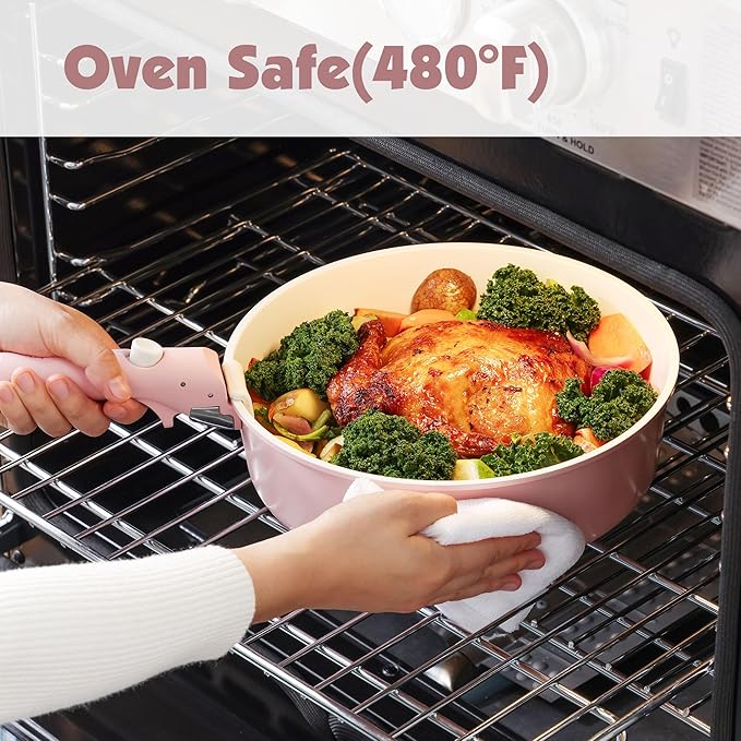 SENSARTE 17 Piece Ceramic Pots and Pans Set, Nonstick Detachable Handle Cookware, Induction Kitchen Cookware Set with Removable Handle, Dishwasher ＆ Oven Safe (Pink)