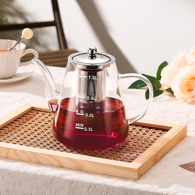 PARACITY Glass Teapot Stovetop 41 OZ/1200ml, Tea pot with Removable Stainless Steel Infuser, Borosilicate Clear Tea Kettle with Scale, Teapot Blooming and Loose Leaf Tea Maker Tea Brewer for Camping