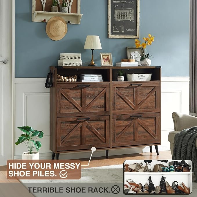 Shoe Storage Cabinet,Farmhouse Shoe Organizer with 4 Flip Drawers & Barn Door Design,Freestanding Hidden Slim Narrow Shoe Rack Cabinet with Open Shelves for Entryway,Foyer,Hallway,Walnut
