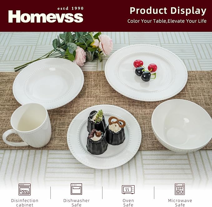 HomeVss, New Bone China Dinnerware Set, Embossed Pearl Design, 16pc Set