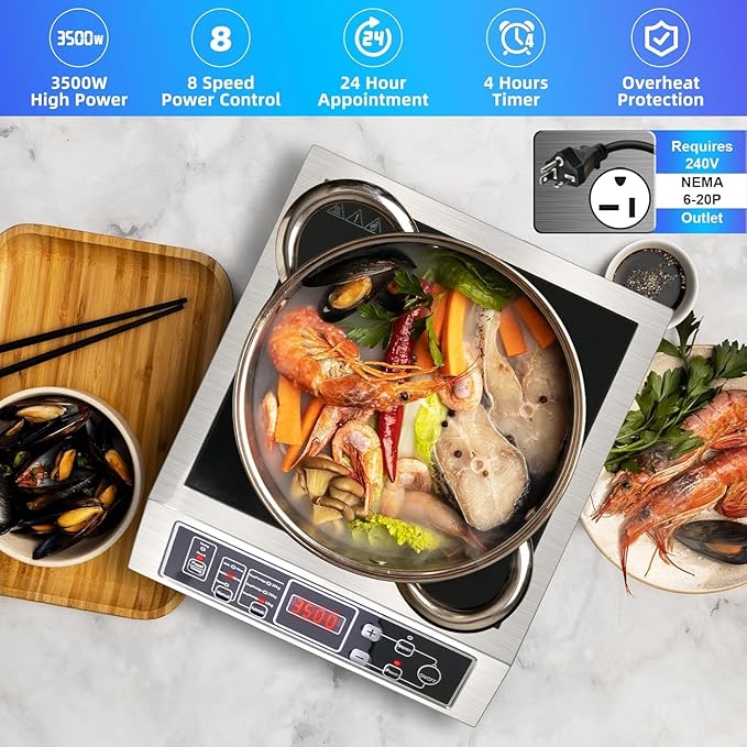 Induction Cooker,3500W High Power Commercial Induction Cooker, 9.5-Inch Enlarged Double-Layer Heating Plate, 8-Speed Power Adjustment, Brushed Stainless Steel Process, Waterproof, Leak-Proof