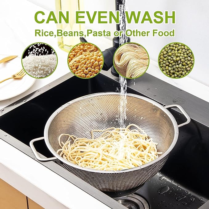 Stainless Steel Colander and Strainer Set(5-Quart and 3-Quart)， Strainer for Kitchen Food, Dishwasher Safe