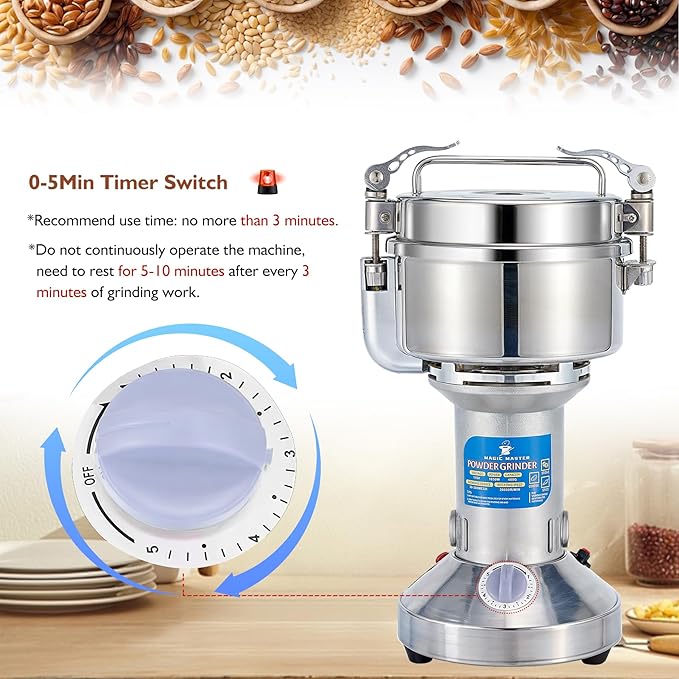 MAGIC MASTER 300g Grain Mill Grinder Electric,High Speed 1500W Commercial Safety Stainless Steel Dry Spice Grinder Machine For Flour Wheat Nut Corn Rice Pepper Herbs Coffee Beans,Upright,110V