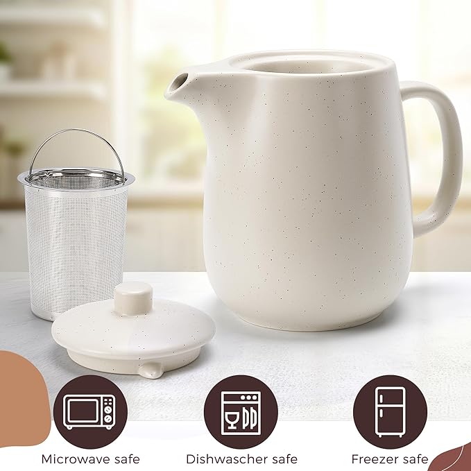 Ceramic Teapot with Infuser - 40 oz Large Teapot with Strainer - Tea Pot Ceramic for Loose Tea - Ceramic Tea Pots for Tea (Warm Grey/Beige)