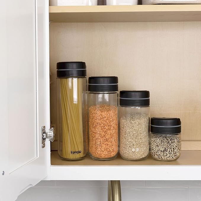 Premium Borosilicate Glass Food Storage Containers with Innovative Press & Release Lid with Airtight Silicone Seal,Sugar or Flour Container,Big and Small Food Jar for Pantry