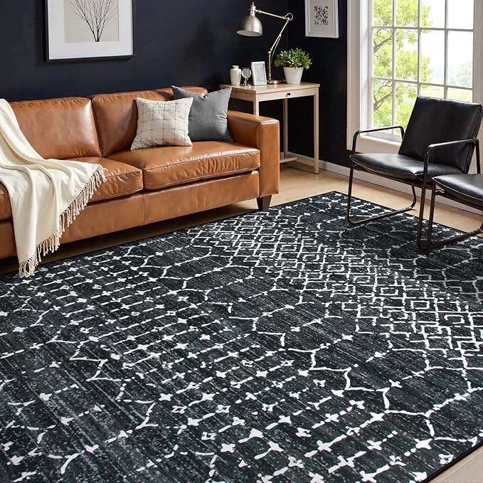 Lahome Moroccan Black Area Rugs 8x10 Living Room - Non-Slip Backing Ultra-Thin Large Rug Throw Stain Resistant Dining Room Rugs for Under Table, Geometric Print Modren Soft Rug for Bedroom Office