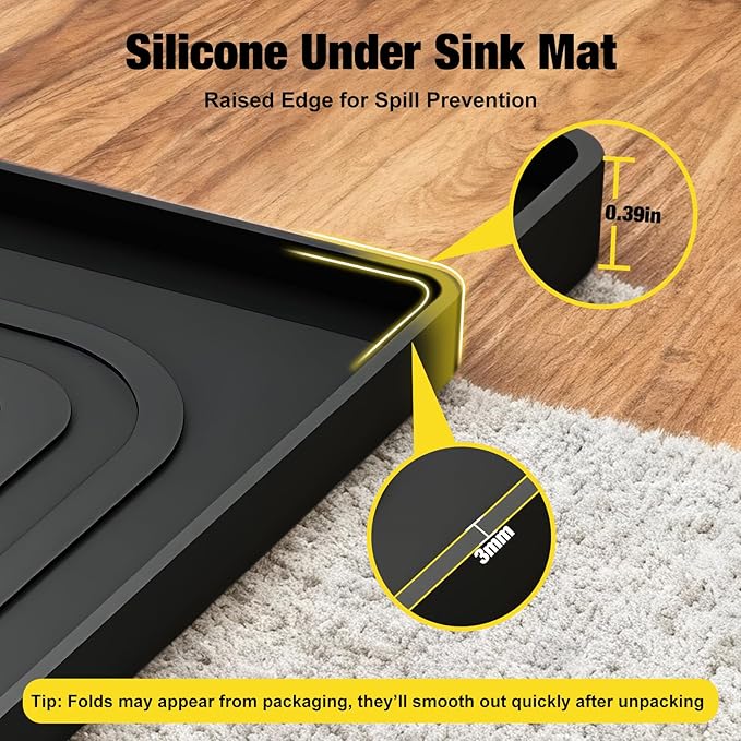 Under Sink Mat 28" X 19", Waterproof Silicone Under Sink Mats for Kitchen, Anti-Leak Shelf Liner & Cabinet Protector with Raised Edge, [BPA Free] Bathroom Tray Home Organizer, Black