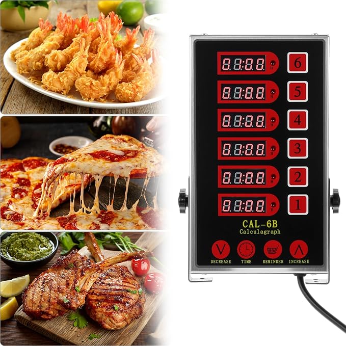 QWORK Kitchen Timers for Cooking – 6 Channel Commercial Kitchen Timer with Ultra-Loud Alarm, LED Display, No Battery Needed, for Restaurants and Catering