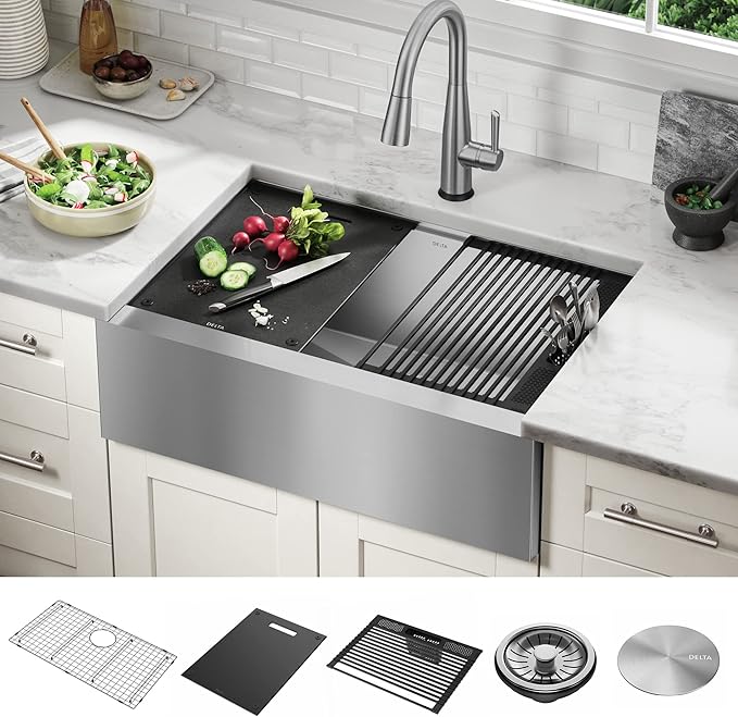 DELTA FAUCET Rivet 30-inch Workstation Farmhouse Apron Front Kitchen Sink Undermount 16 Gauge Stainless Steel Single Bowl with WorkFlow Ledge and Kit of 5 Accessories, 95C9031-30S-SS