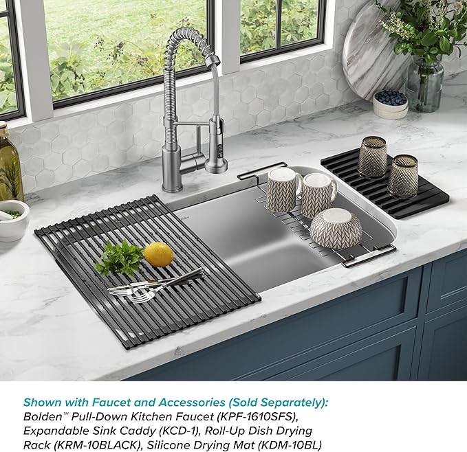 KRAUS Premier 32-inch Undermount Single Bowl 18-Gauge Stainless Steel Kitchen Sink with Bottom Grid and Strainer, KBU44