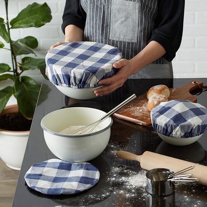 DII Reusable Cloth Bowl Cover Collection Machine Washable, Cotton with Elastic Stretch for Food Storage, 10.25"/8.25"/7.5" Diameter, Farmhouse Plaid, French Blue, 3 Piece