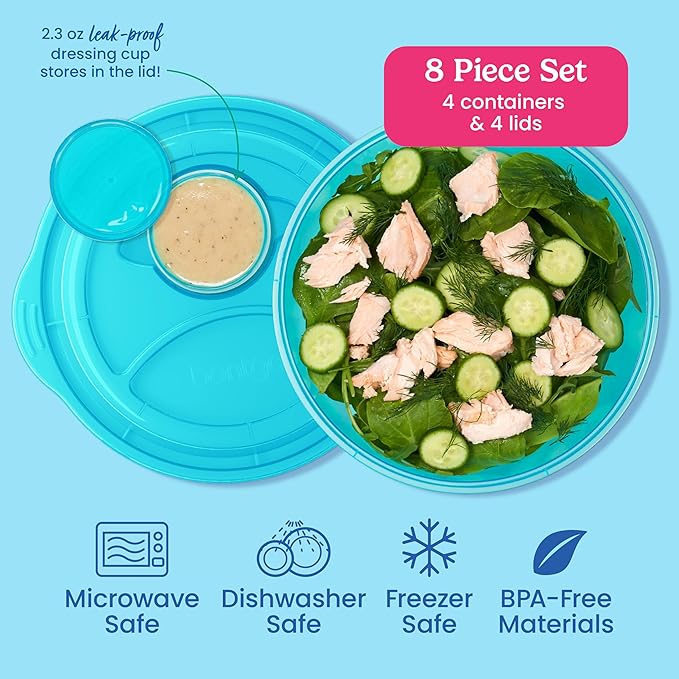 Bentgo Easyboxes Salad-to-Go Containers - 8-Piece Set: 4 Bowls, Leak-Proof Dressing Cups Built-In & 4 Fitted Lids Seal in Freshness; Reusable/BPA-Free for Salad, Pasta, & Cereal (Jewel Brights)