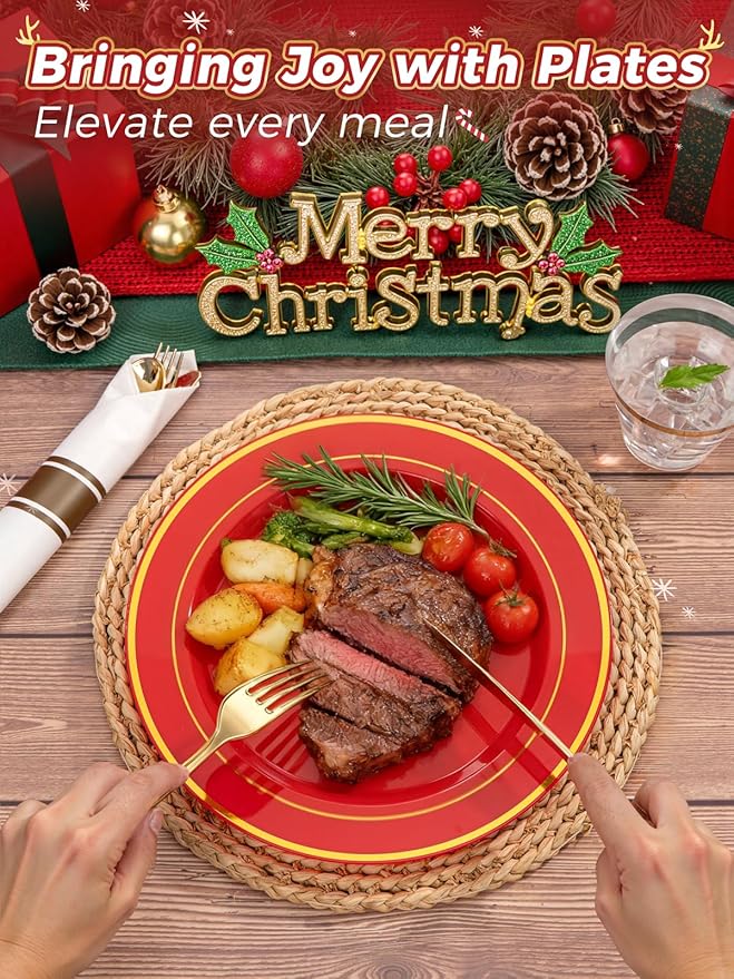 175 Pieces Red Plastic Plates with Gold Rim Include Dinner Plate 10”, Dessert Plate 7”, gold Cups 9 OZ, Pre Rolled Napkins 25 of each type for Christmas Party